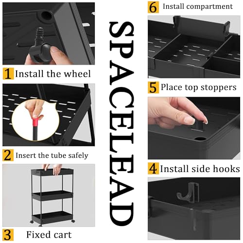 SPACELEAD Slim Storage Cart,3 Tier Bathroom Rolling Utility Cart Storage Organizer Slide Out Cart, Mobile Shelving Unit Organizer Trolley for Office Bathroom Kitchen Laundry Room Narrow Places, Black