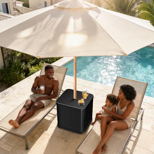 Umbrella Side Table with Umbrella Hole, Hyperzoo 2-in-1 Outdoor Side Table & Umbrella Stand with Fillable Base, Heavy Duty Poolside Table Holds 132 lbs, Fits ≤1.5” Pole for Poolside & Backyard, Black