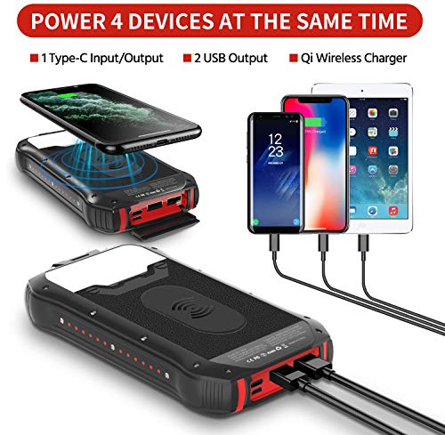 Solar Charger 26800mAh, Wireless Solar Power Bank Portable Charger with 18 LED 3 USB Output 4 Lighting Modes Ports External Backup Battery Huge Capacity Phone Charger for Camping Outdoor