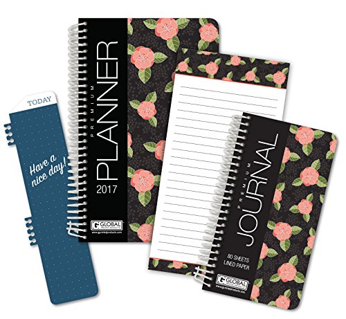 Fashion Daily Planner Set - Includes 13 Month 2016 Calendar Year (5" x 8") (+) Bonus Clip-in Bookmark (+) 3.5" x 6.5" Bonus Journal [Floral Pattern]