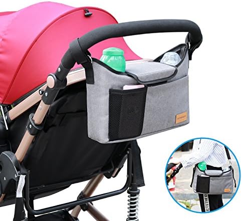 AEMIAO Universal Baby Jogger Stroller Pram Buggy Organizer Multi-Pocket Attachable Storage Bag with Shoulder Strap, Two Cup Holders &amp; Mobile Phone Holder, Large Storage Space for Diapers (Grey)