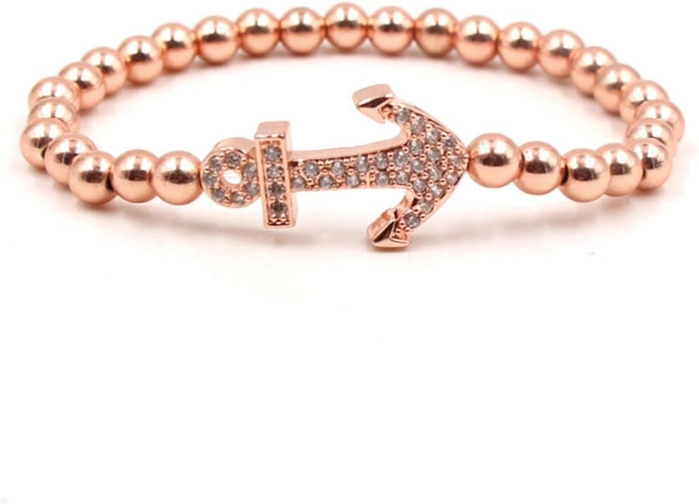 Joielavie Men Women Copper Bead Plated Anchor Nautical Marine Sailor Sumilated Diamond Zircon Elastic Charm Couple Bracelet Hand Chain (4 Colors)