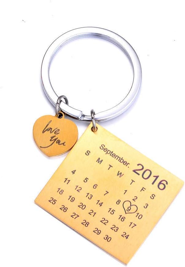 MainbeadPersonalised Custom Engraved Calendar Date Engraved Stainless Steel Keyring & Keychain Memorial Wedding Gift (Heart Gold)