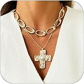 Chunky Gold Large Hammered Pendant Necklace for Women Trendy Gold Statement Big Thick Pearl Cross Charm Drop Layered Choker Necklaces Chunky Jewelry