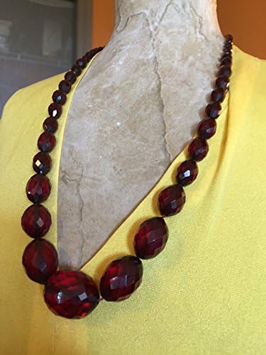 Cherry Amber Bakelite Necklace, Vintage, Hand Knotted, Sterling Silver Toggle Clasp, Charms, 54.6 Grams, 29" Long