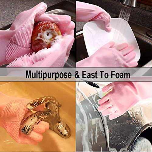 Dish Washing Gloves, 2 Pairs of Magic Silicone Dishwashing Gloves, Rubber Cleaning Gloves with Scrubber, Qhand Dish Gloves for Plate Fruit Kitchen Bathroom Car Home Clean and Pet Care, Universal Size