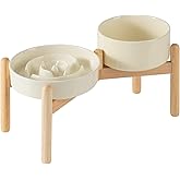 Havniva Ceramic 1.2 Cup Raised Slow Feeder Dog Bowl Set, Elevated 6.1inch Bowl and 7.3inch Puzzle Slow Food Dish with Wooden Stand for Medium and Small Dog, Anti-Gulping (2 x Beige+ Stand)