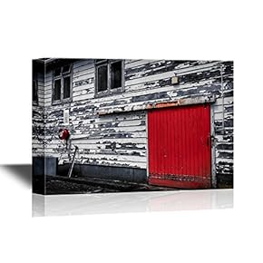 Doors Canvas Wall Art - Red Door and Fire Reel,Old Fire Station in Wellington, New Zealand - Gallery Wrap Modern Home Art | Ready to Hang - 12x18 inches