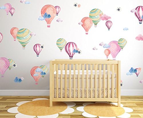UrbanWalls 62PC Wall Stickers, Vinyl Self-adhesive Wall Decal- Removable and Water Resistant for Bedroom, Kids Room, Nursery : Hot Airballoons with Pink, Green, Blue Wall Décor