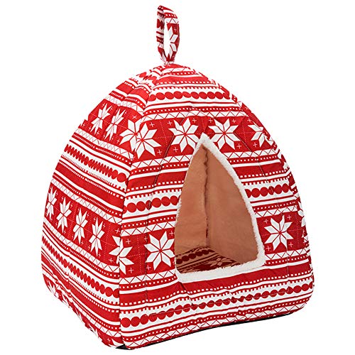 Hollypet Self-Warming 2 in 1 Foldable Comfortable Triangle Cat Bed Tent House, Red Snow