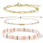 SHINUS BOHO Tila Flat Beaded Stack Gold Paperclip Link Bracelets Set for Women, 3Pcs Trendy Handmade Miyuki Glass Beads Bracelet Chain Festive Holiday Accessories Jewelry Gift.