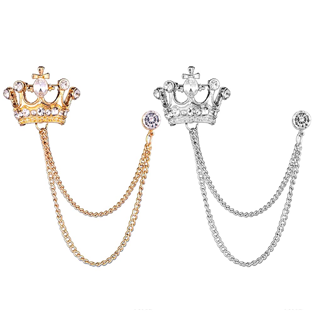 Xihuimay 2 Packs Men's Brooch Pin Bridegroom Crown Brooches Coat Safety Pin Rhinestones Breastpin for Wedding Banquet Bouquet Decorate Clothes Scarves Hats Corsage Jewelry Accessory, Gold Silver