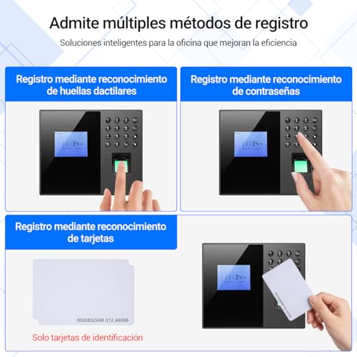 vantisan Checador de Entrada y Salida, Reloj Checador Huella Digital Biométrica, 2.4” Pantalla TFT, Soporta 1000 Huellas Dactilares/500 Tarjetas/500 Contraseñas, con español, exportación Flash USB
