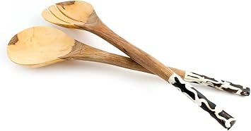 Amazon Com Maisha Fair Trade African Wooden Salad Servers Set Ladle Cooking Spoon Fork Utensils Teak Wood Round Batik Zig Zag Bone Handle Flatware Salad Servers Salad Servers