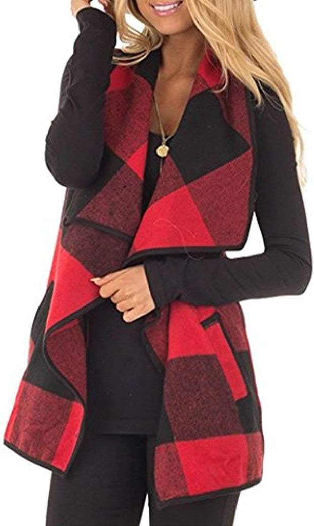 UnidearWomens Buffalo Plaid Vest Casual Lapel Open Front Sleeveless Cardigan Jacket Coat with Pockets