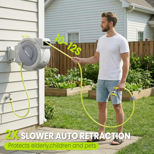Bietor Retractable Garden Hose Reel, 1/2“ x 30m+2m Upgraded UV Resistant Heavy Duty Wall Mounted Hose Reel with 10 Patterns Nozzle, Any Length Lock, Slow Return System, 180°Swivel Bracket