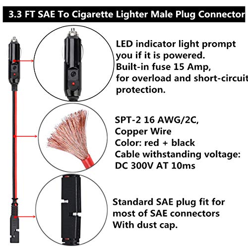Sae Quick Release Charger Kit,SAE To Alligator Clips Connector Cable With Fuse,SAE Extension To 12V Cigarette Lighter Female Socket And Male Plug,3.4 FT 16AWG Heavy Duty Cord (3 Pack)