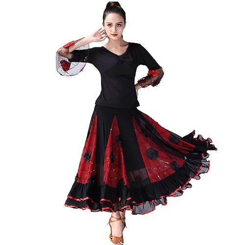 Ballroom Dance Dresses for Women Flamenco Dress Sequin Flower Flamenco Skirt Long Swing Traditional Folklorico Skirt with Top Mexican Spanish Salsa Belly Dance Performance Costume Red + Black L in Dubai - Ballroom Dance Dresses for Women Flamenco Dress Sequin Flower Flamenco Skirt Long Swing Traditional Folklorico Skirt with Top Mexican Spanish Salsa Belly Dance Performance Costume Red + Black L in Dubai -
