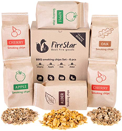 Wood chips for smokers - Oak | Alder | Cherry | Apple smoker chips - Wood chips for smoking and grilling (bbq and grill) - Variety pack 6 pcs + bonus e-book