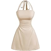 SOLY HUX Women's Summer Halter Mini Dress Backless Sleeveless Ruched A Line Graduation Dresses Sundress Back to School