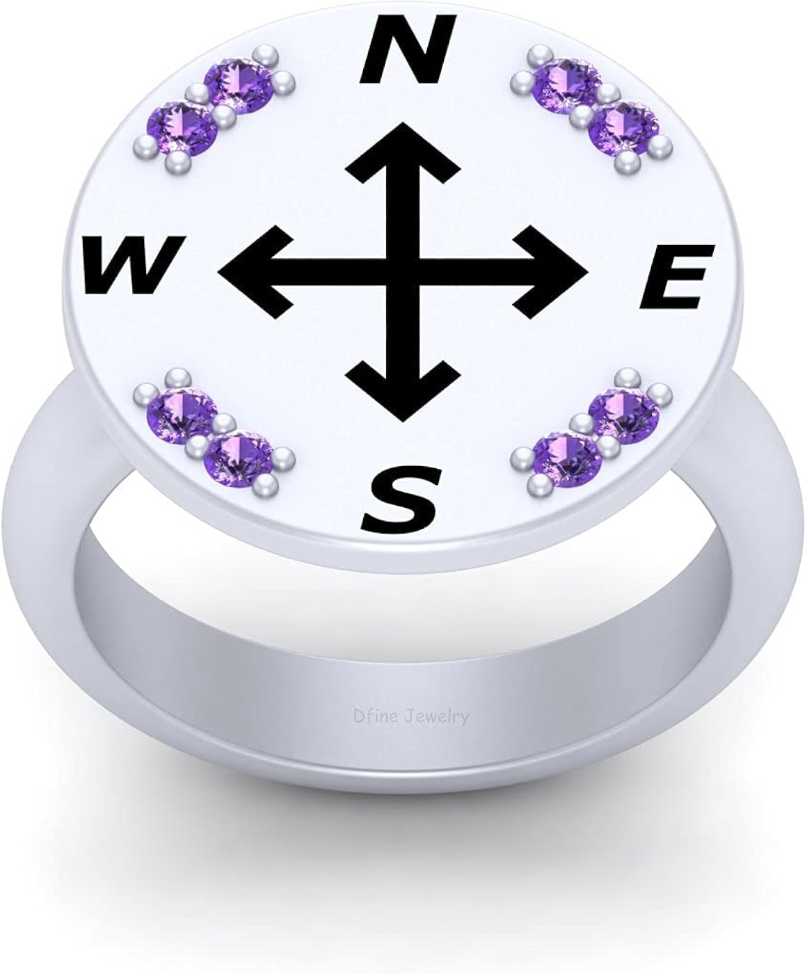 Solid 925 Sterling Silver Nautical Compass Engagement Ring Purple