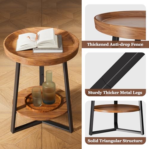 Gadroad Round End Table with Storage Shelf, 2 Tier Farmhouse Circle Side Table Nightstand for Living Room, Bedroom, Wood Tabletop & Black Metal Frame (15.7 * 15.7 * 23 inches, Cherry Wood Grain)