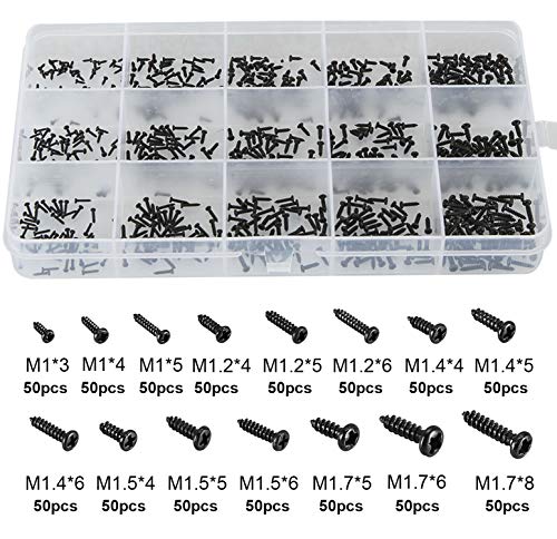 HanTof 750pcs 15 Kinds M1 M1.2 M1.4 M1.5 M1.7 Phillips Rounded Head Small Self Tapping Screws,Micro Screws,Tiny Screws Assortment Kit-(Black)