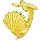 Adjustable Open Ring for Women, Stainless Steel Sea Shell and Starfish Design, Vacation Style Jewelry in Gold or Silver