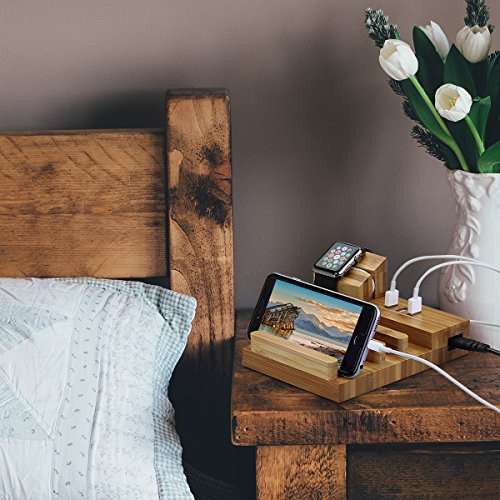 Wood Charging Station, MWAY Bamboo Wood USB Charging Organizer Dock Apple Watch Charger Bracket Stand, for iPhone 7/7Plus/6s/6/Plus/5s,iPad,Samsung,Most Smartphones,3 USB Ports 5V 3A 2 - Thumbnail 2