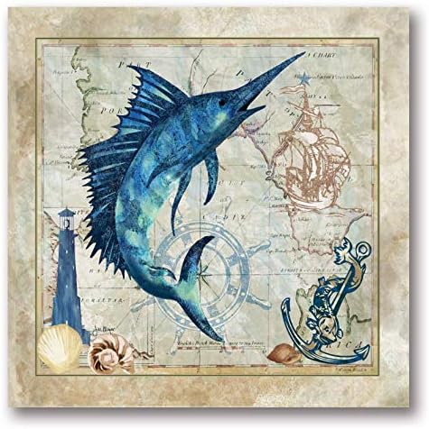 Nautical Swordfish Beautiful Awesome Swordfish Seashell Lovely Quality Anchor Antique Poster 12X12
