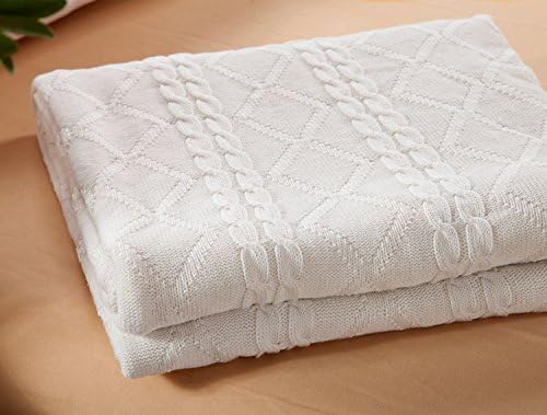 iSunShine Cotton Knitted Diamond &amp; Cable Throw Soft Warm Blanket Diamond Knitting Pattern, 7078 Inches, White