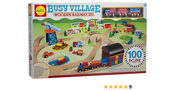 busy village wooden railway set