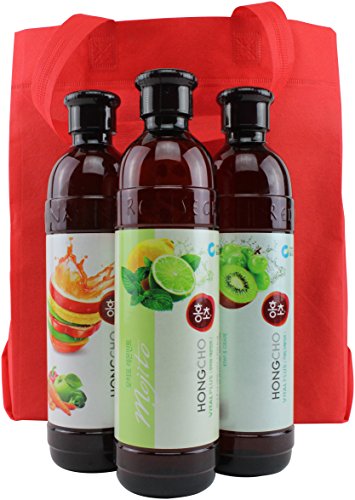 Korean Hong Cho Fruit Vinegar Drink Concentrate, 3 Bottle Set: Mojito Lemon Mint, Vegetable Apple and Carrot, Kiwi & Lime, 91 oz