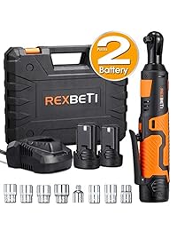 REXBETI - Juego de llaves de carraca eléctricas inalámbricas de 3 8 pulgadas con batería de iones de litio de 12 V y kit de cargador, incluye 7 enchufes métricos de 3 8 pulgadas y 1 adaptador de enchufe de 1 4 pulgadas, 45 Nm de par máximo