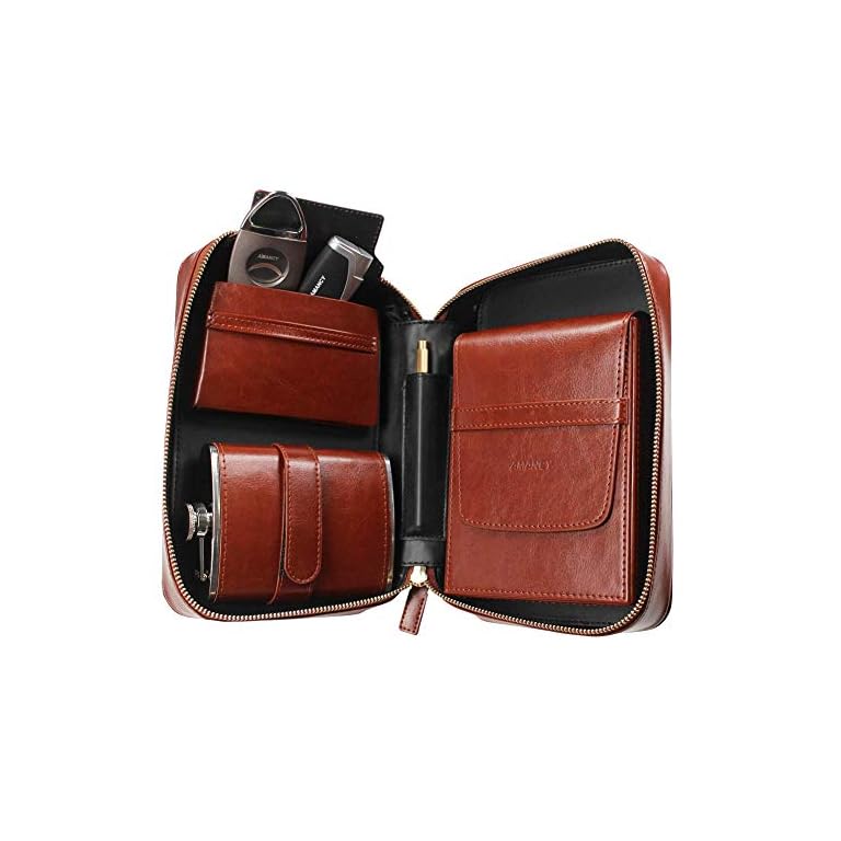 AMANCY Luxurious 5 Holder Brown Leather Travel Cigar Humidor Case Set