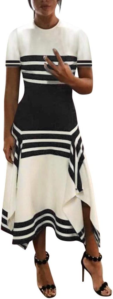 Women Stripe Dresses Casual Short Sleeve Dress Women Round Neck SADUORHAPPY Mid-Calf Party Dresses