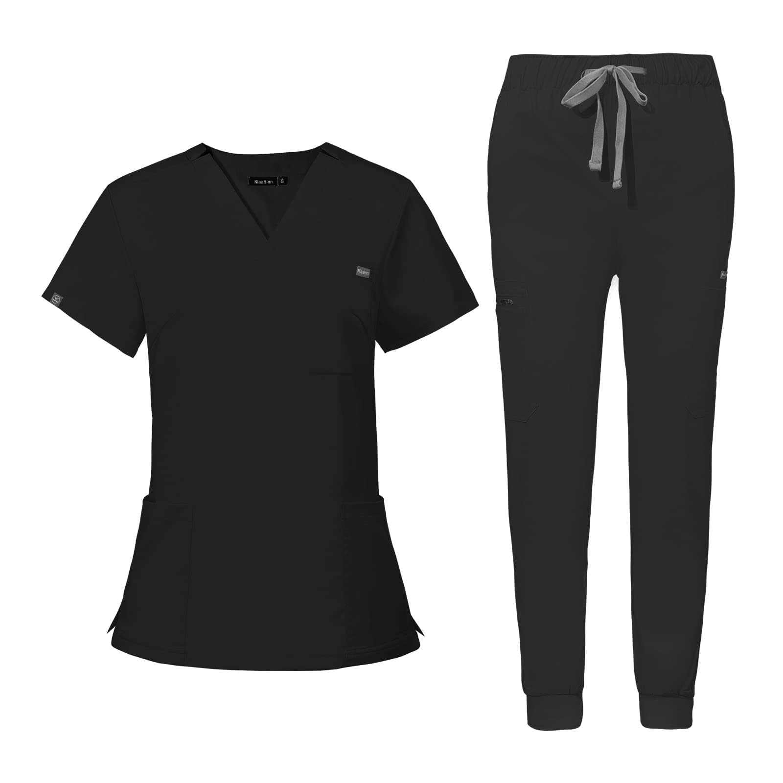 Photo 1 of niaahinn Scrub for Women Scrubs Top with Classic V-Neck & Yoga Jogger Pants Medical Nursing Uniform Scrub Set (Black, XL)