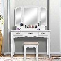 YOUKE Vanity Set, Tri-Folding Necklace Hooked Mirror, 7 Drawers, Makeup Dressing Table with Cushioned Stool Easy Assemble