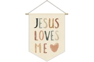 XYDEG Bible Verses for Nursery Decor,Jesus Loves Me for Kids Wall Art Canvas Banner,Inspirational Christian Wall Hanging Pennant Flag Canvas Banner for Baby Kids Bedroom 15x11in