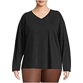 Terra & Sky Women's Plus Size Mixed Media V-Neck Eyelet Top