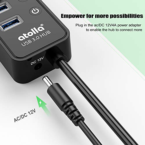 USB 3.0 Multi-Socket Hub, Atolla 11 Ports USB Powered Hub, AVCE 7 Ports Data Transfer 5Gbps, 4 Ports Smart Charge and Individual Switches and LED Power Supply, 12V/4A Adapter