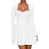 AGSEEM Womens Mini Dress Long Sleeve Square Neck Ruffle Hem Corset Ruched Waist A Line Short Party Dresses