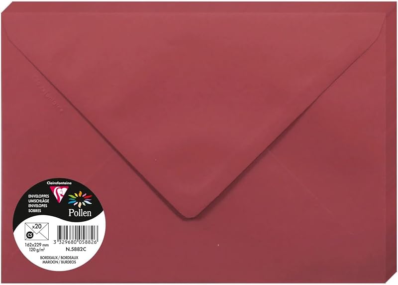 Clairefontaine 5882C Pack of 20 Gummed Envelopes C5 Burgundy 120gsm