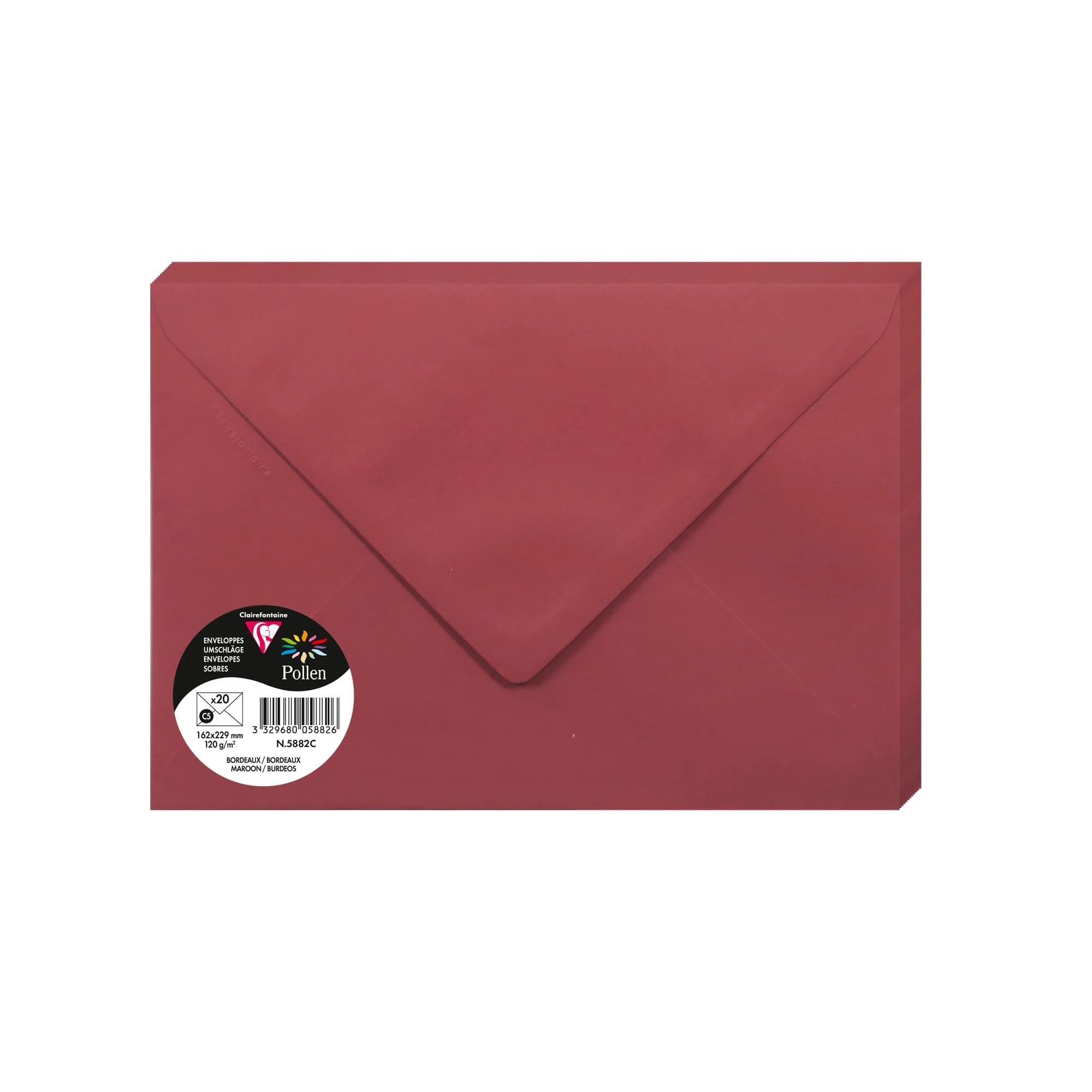 Clairefontaine 5882C Pack of 20 Gummed Envelopes C5 16,2x22,9cm 120gsm Colour Burgundy Invitation Events Correspondence Pollen Range Premium Smooth Paper