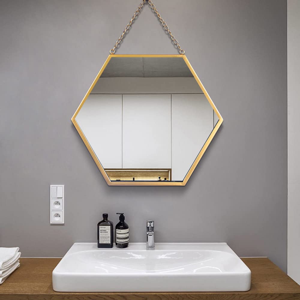 Hosoncovy Hexagon Metal Frame Wall Hanging Decorative Mirror with Chain - Full Length for Bathroom, Living Room, Bedroom (L)