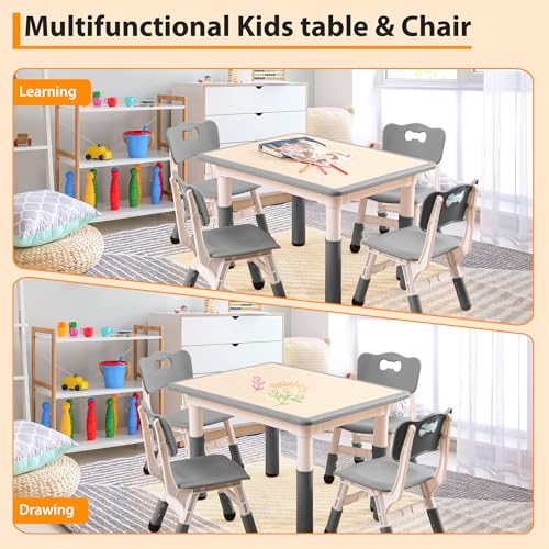 Garvee Kids Table and 4 Chairs Set, 5-Piece Height Adjustable Toddler Table with Graffiti Wipe-Clean Desktop, Non-Slip Legs & Storage Organizer, Preschool Activity Desk for Ages 2-6