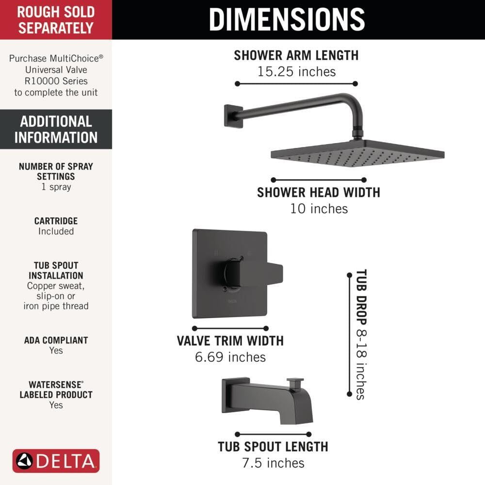 Delta Faucet Modern 14 Series Matte Black Shower Faucet, Tub and Shower Trim Kit with Single-Spray Touch-Clean Black Shower Head, Matte Black T14467-BL-PP (Valve Not Included)