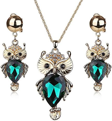 Butishop Owl Pendant Rhinestone Necklace and Earring Set Gold-plated Feather-shaped Alloy Jewelry Set
