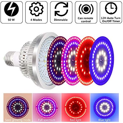 50W LED Grow Light Bulb, Full Spectrum Grow Lights for Indoor Plants with 12H Auto Turn On/Off Timer, 4 Mode Version, Free Dimming, Spectrum Switching, E26E27 Base Plant Lights for Hydroponics Tobacco