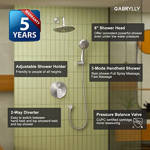 Gabrylly Shower System Brushed Nickel, Rain Shower Head with Handheld
